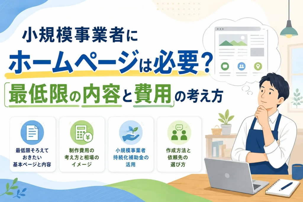 小規模事業者がホームページの必要性、制作費用、最低限の内容、補助金活用、依頼先の選び方について検討するイラストと解説。