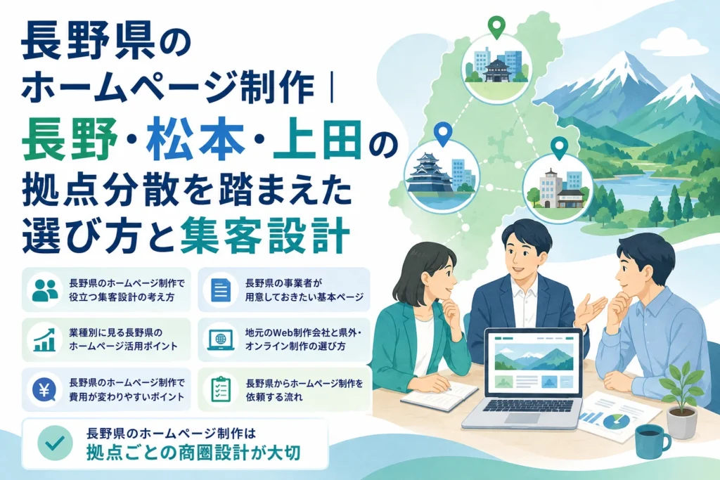 長野・松本・上田など長野県の地図と拠点を背景に、ビジネスパーソンがAIホームページ制作における地域別の集客設計や選び方について相談しているイラスト。