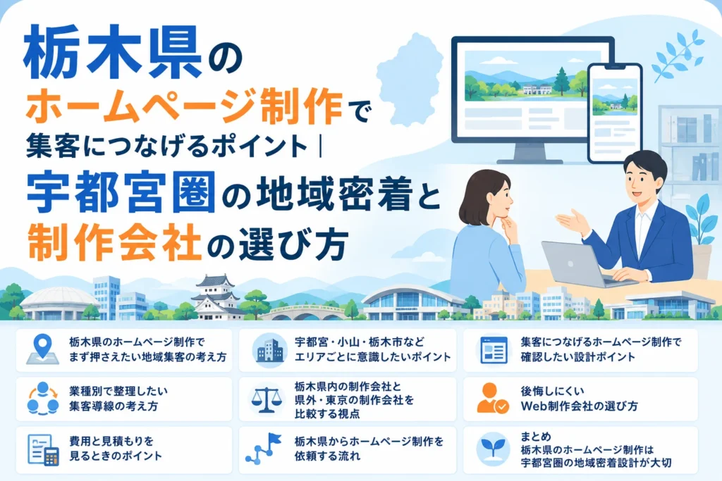 栃木県宇都宮圏での地域密着ホームページ制作による集客と、最適な制作会社の選び方を解説するPC・スマホ画面と相談風景のイラスト。