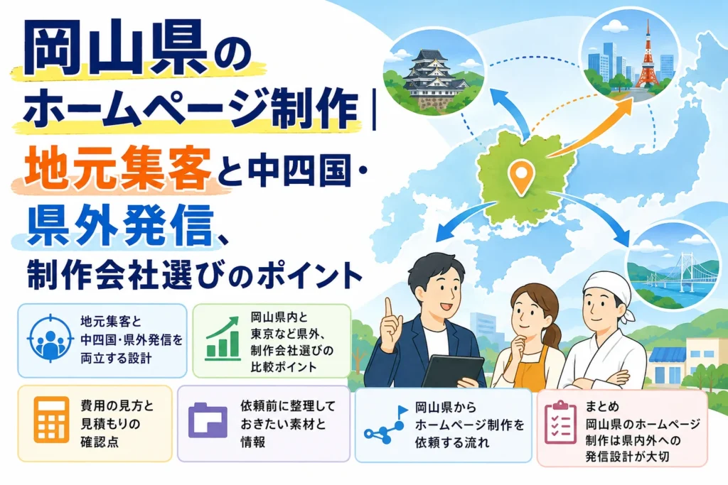 AIホームページ制作で、岡山県の地元集客と中四国・県外発信を成功させる制作会社選びのポイントを解説するイラスト。