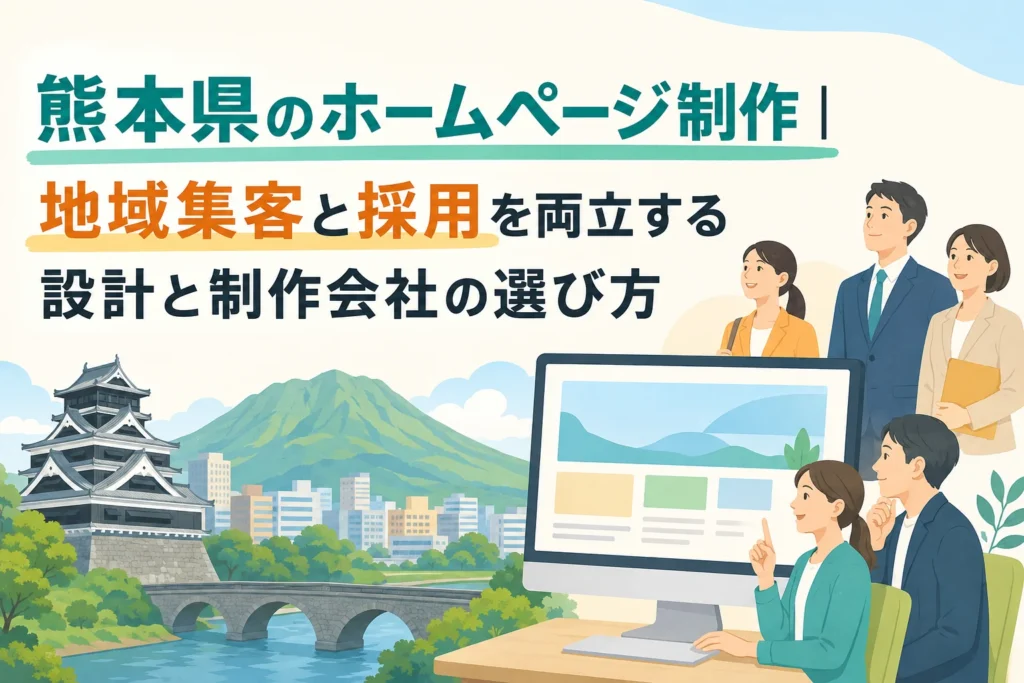 熊本城とビジネスパーソンが、AI×ノーコードで地域集客と採用を両立させる熊本県のホームページ制作についてPC画面を見ているイラスト。