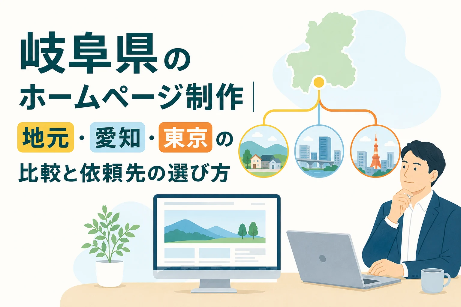 岐阜県のホームページ制作について、地元・愛知・東京の依頼先を比較検討する男性が、PCモニターでAI×ノーコードによるオリジナルデザインのホームページ制作サービスを見ているイラスト。