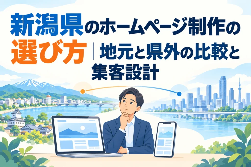 新潟県におけるAIホームページ制作の選び方、地元・県外比較、集客設計について考える男性のイラスト。