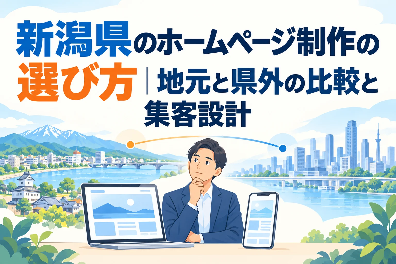 新潟県におけるAIホームページ制作の選び方、地元・県外比較、集客設計について考える男性のイラスト。