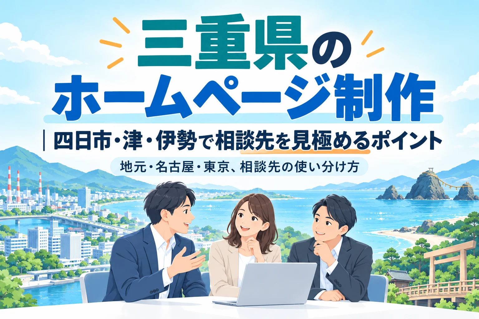 三重県(四日市・津・伊勢)の風景を背景に、AIノーコードによるホームページ制作の相談をするビジネスパーソンたちのイラスト。
