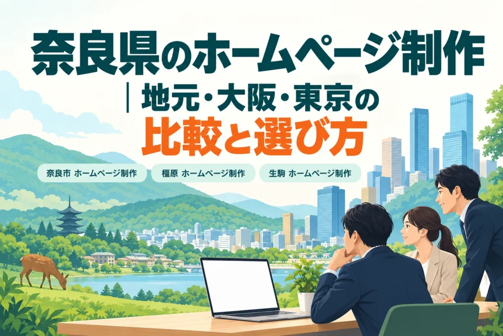 奈良県、大阪、東京におけるAIノーコードホームページ制作サービスの比較と選び方を検討するビジネスパーソンを描いたイラスト。