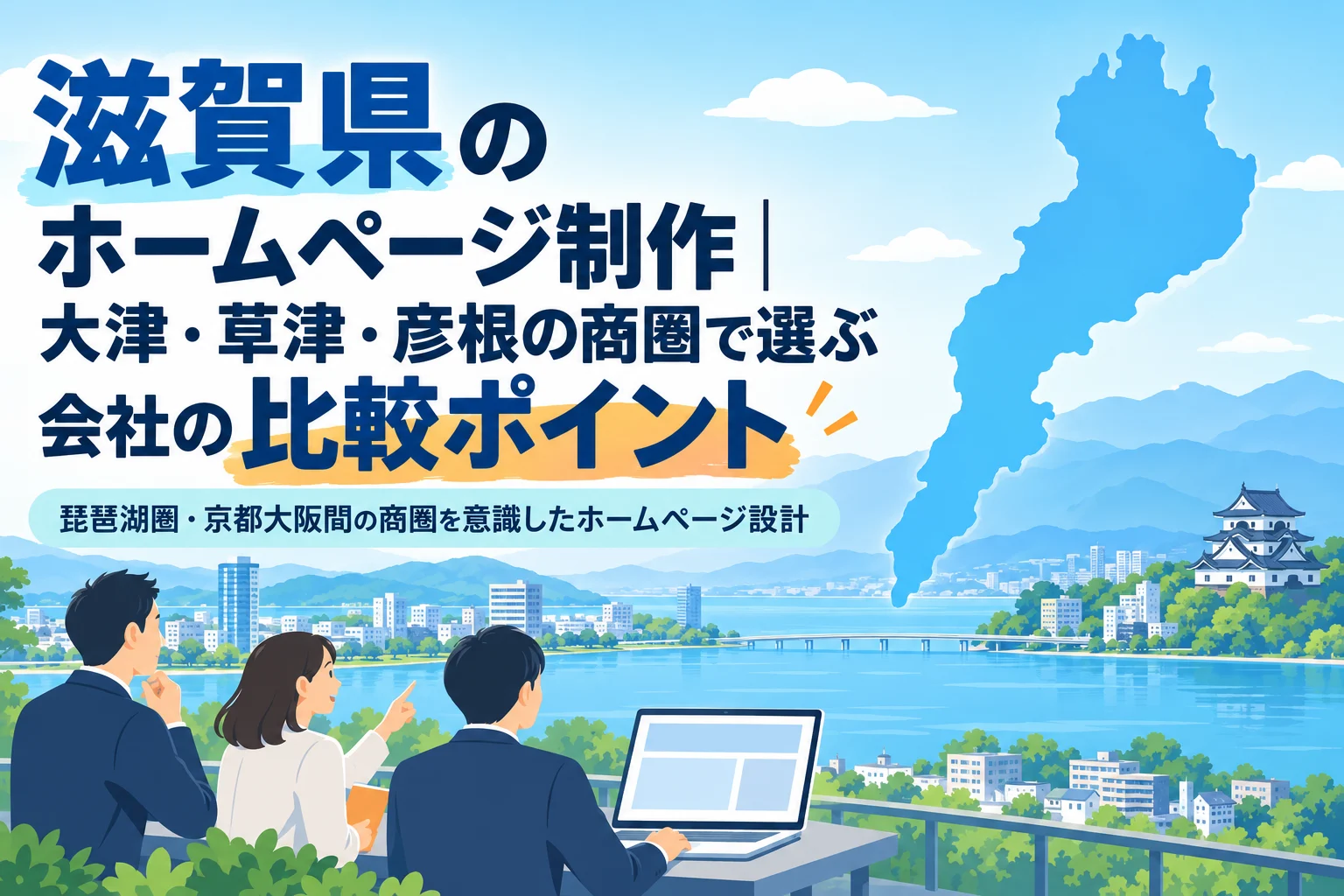 滋賀県の地図と琵琶湖、彦根城の風景を背景に、大津・草津・彦根地域のホームページ制作会社の比較ポイントを解説するイラスト。