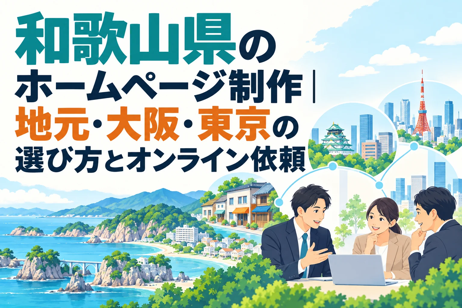和歌山、大阪、東京の景色を背景に、AIホームページ制作についてオンライン相談をするビジネスパーソン。