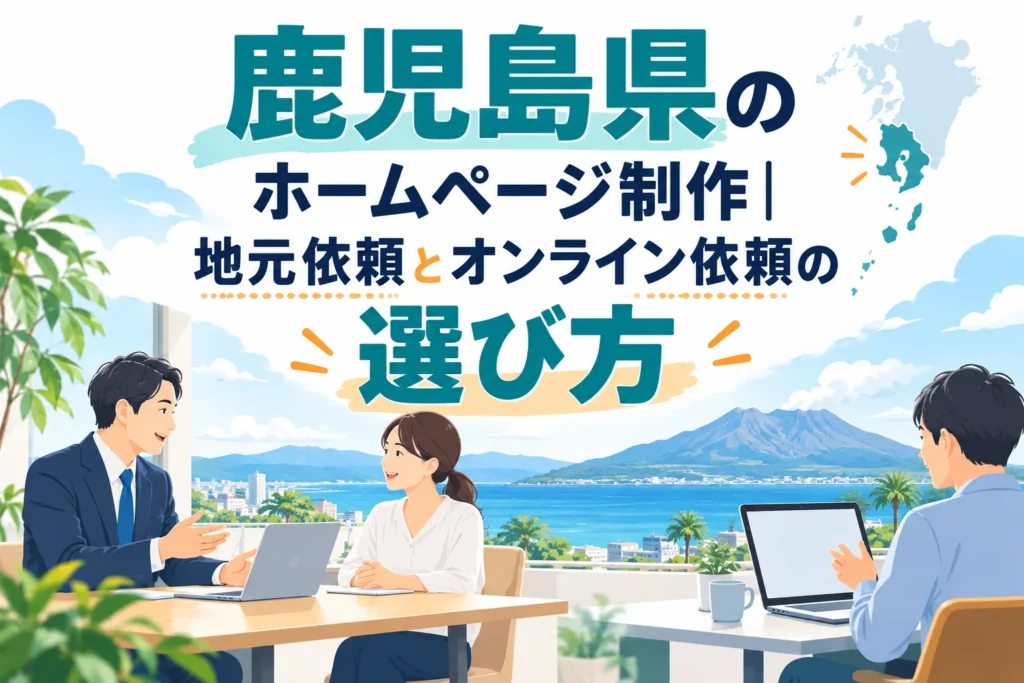 桜島を望むオフィスで、鹿児島県のホームページ制作|地元依頼とオンライン依頼の選び方についてビジネスパーソンが相談する様子。
