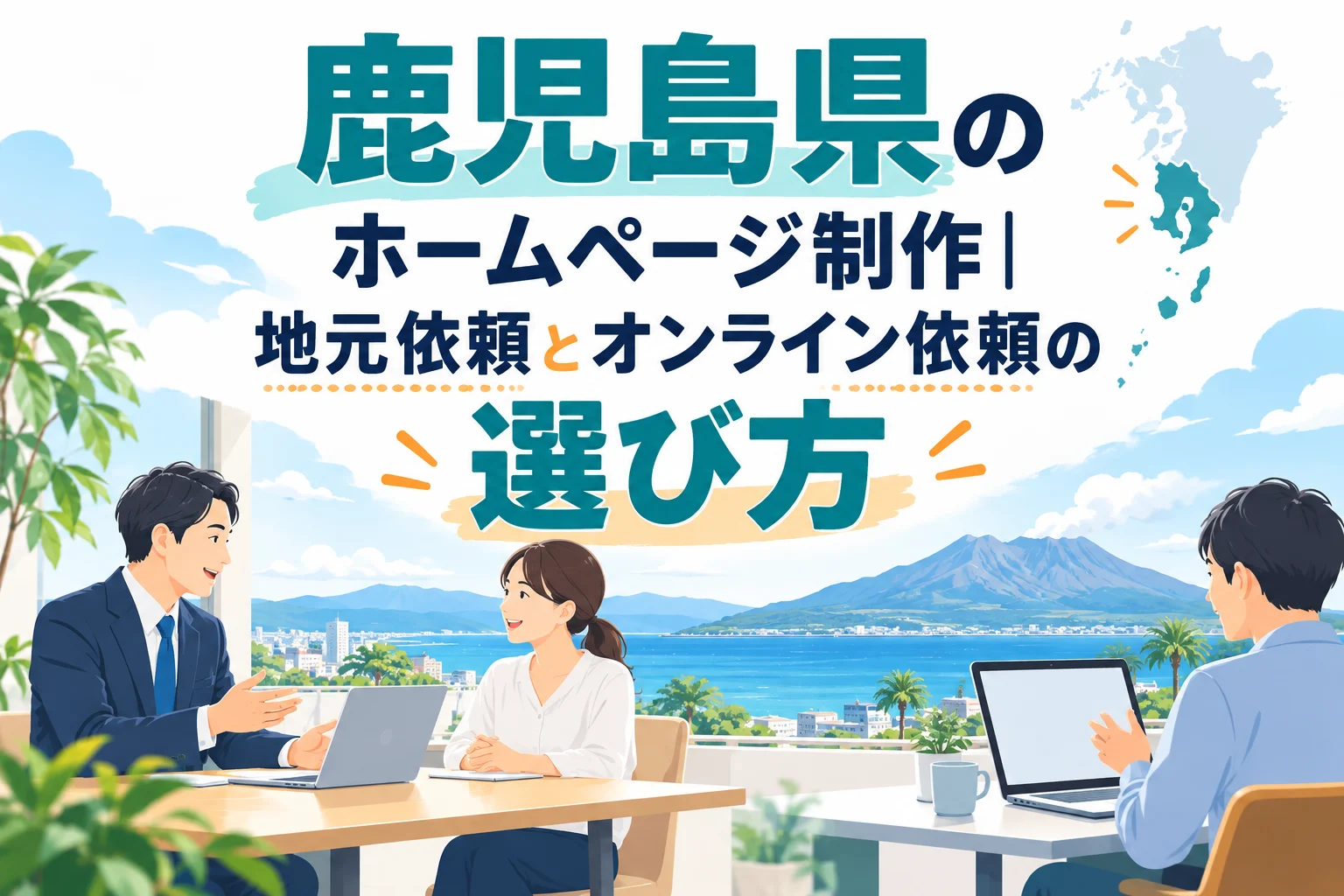 桜島を望むオフィスで、鹿児島県のホームページ制作｜地元依頼とオンライン依頼の選び方についてビジネスパーソンが相談する様子。