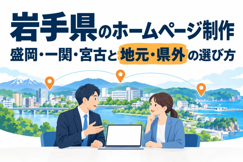 岩手県の盛岡・一関・宮古など地元・県外の方向けに、AIを活用したオリジナルデザインのホームページ制作を相談する男女のイラスト。